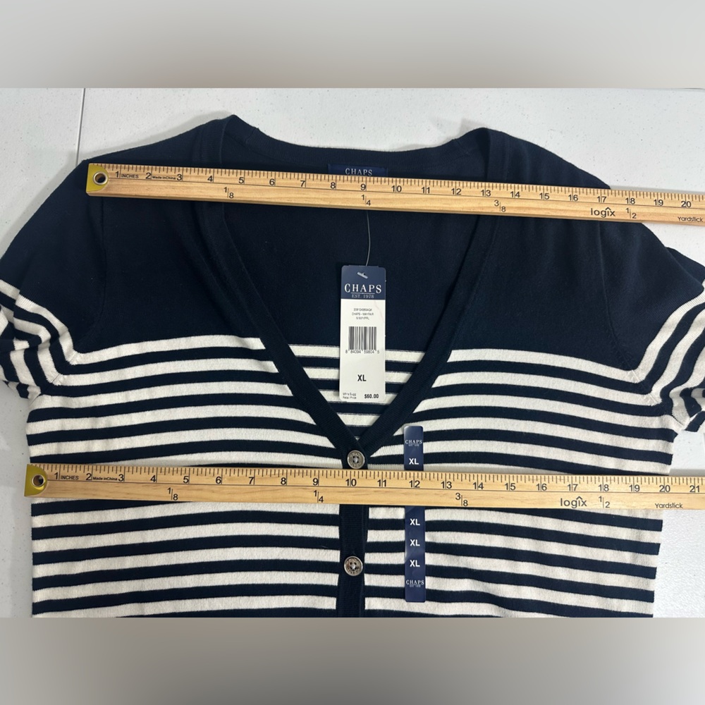 NWT Chaps Women’s Striped Navy Cardigan Womens Sz XL Long Sleeves V Neck Sweater - Picture 8 of 10